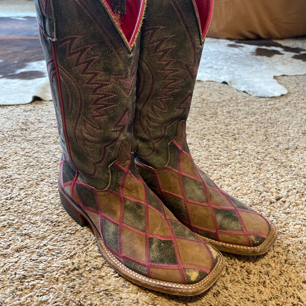Macie Bean Black and Pink Checkered Cowboy Boots